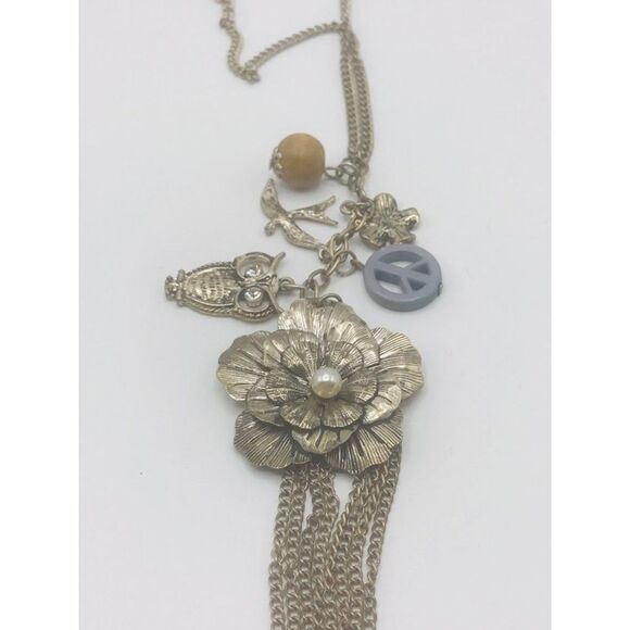 Unbranded Jewelry - Matte silver boho flower faux pearl owl rhinestone bird wood bead peace tassel